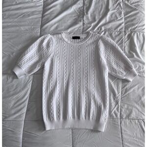 Elie Tahari Cable Knit Short Sleeve Sweater White Cream Puff Sleeve Medium NWOT
